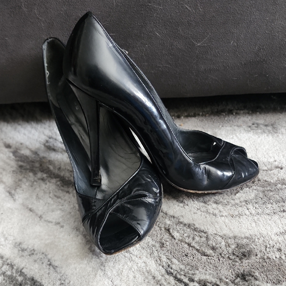 Stuart Weitzman Shiny Black Peep-Toe Heels